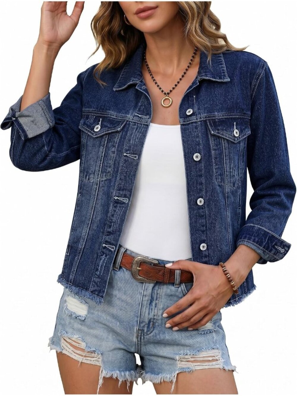 Women’s Nightfall Blue Western Trucker Frayed Hem Vintage Distressed Jean Jacket